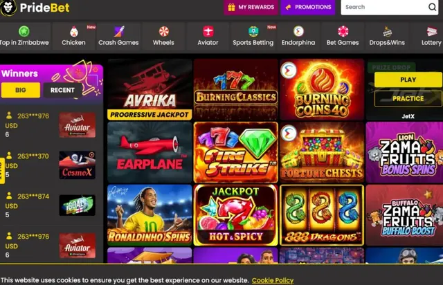 PrideBet desktop lobby — our screenshot